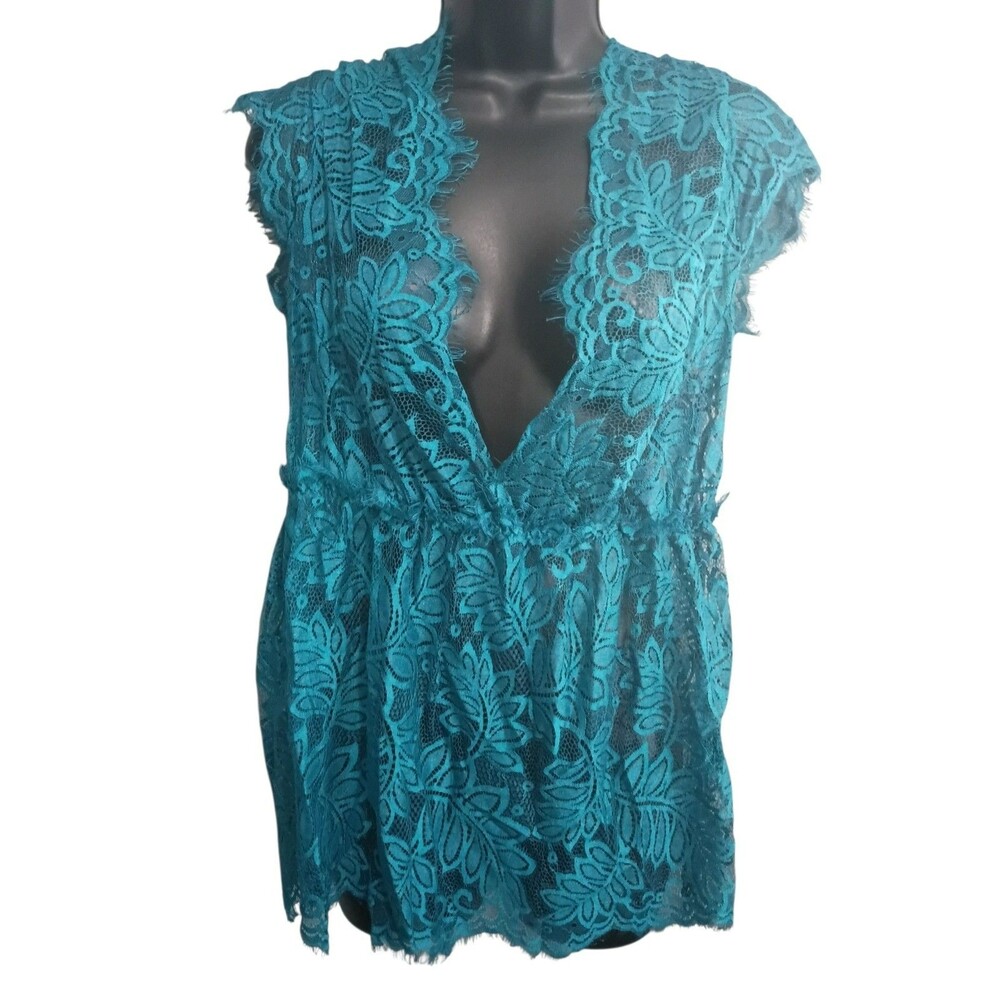 Avid Love Blouse Shirt Large Teal Blue Lacey Floral Romantic Sheer Deep Neckline